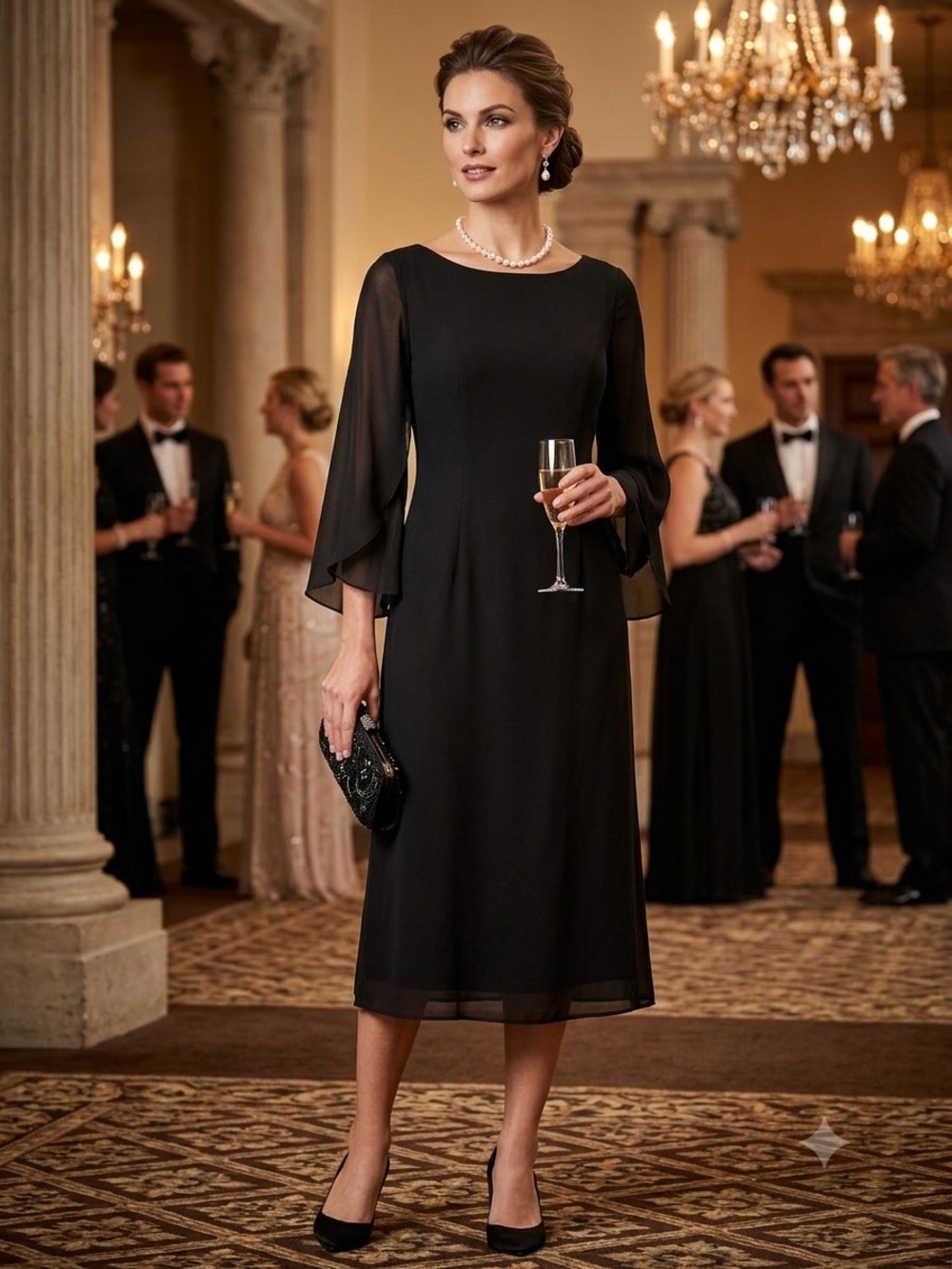 Grace Karin Black Chiffon-Sleeve Midi Dress